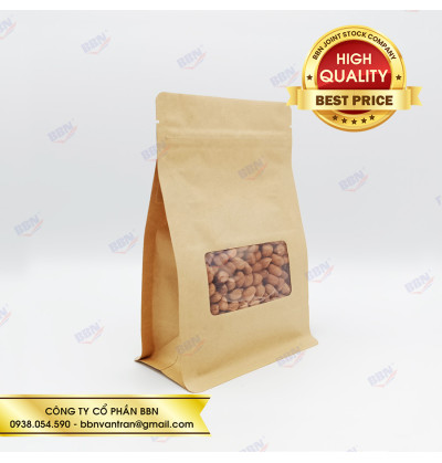 Túi đáy bằng zipper giấy kraft nâu cửa sổ (1kg)